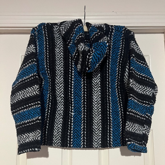 Vintage 90s Baja Hoodie Sweater – Blue Black Woven Herringbone – Youth/Small - Picture 3 of 5